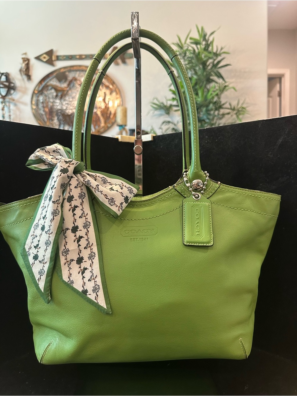 Coach #203 Bleaker Legacy Lime Green Leather Tote with Scarf Accent
